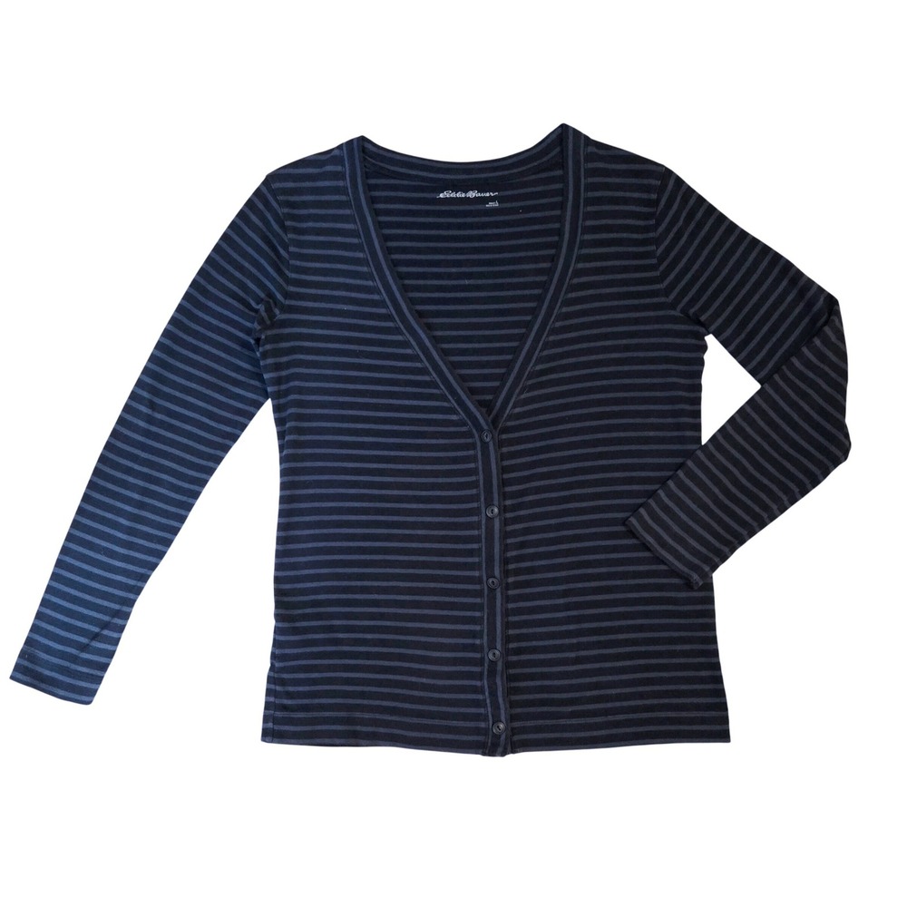 Eddie Bauer Womens L Classic Cardigan Sweater Blue‎ Striped V-Neck Cotton Knit